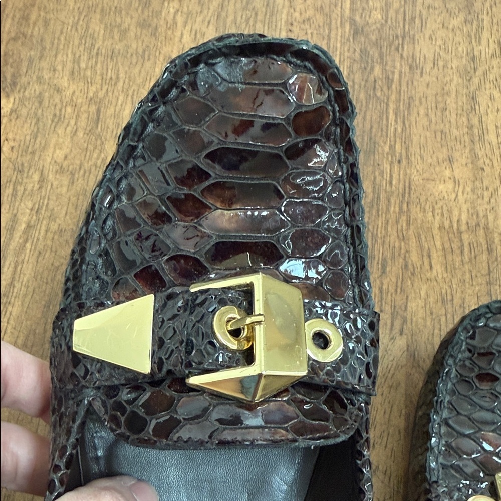 Stuart Weitzman Brown Snake-Embossed Loafers with Gold Buckle - Picture 2 of 10